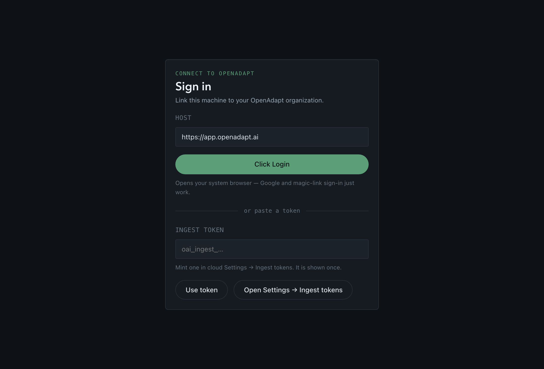 OpenAdapt Desktop connect screen: a Sign in card with a host field, a browser sign-in button, and an ingest-token paste option.