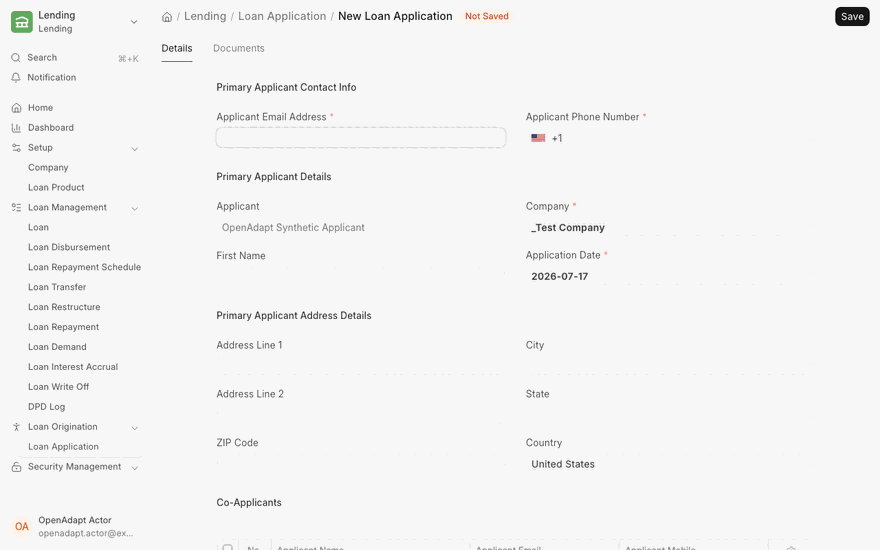 OpenAdapt deterministically replaying the compiled synthetic loan application workflow in Frappe Lending.